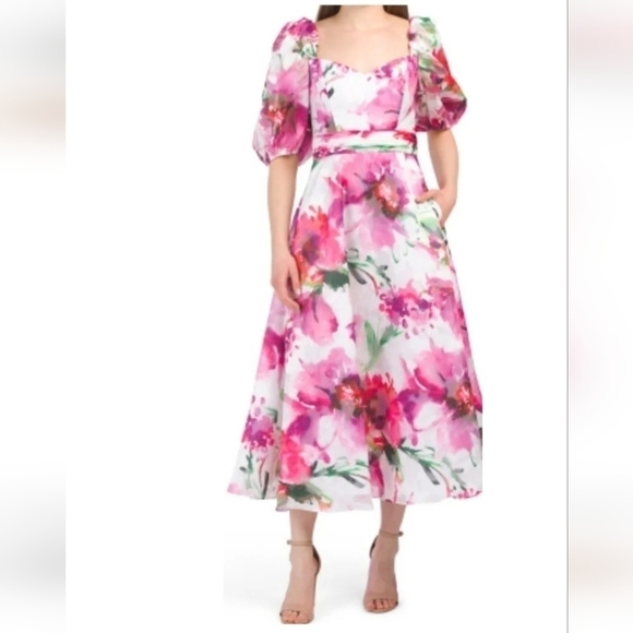 theia Oeganza Multi Floral Print Tea Leght Cocktail Dress - Picture 1 of 17